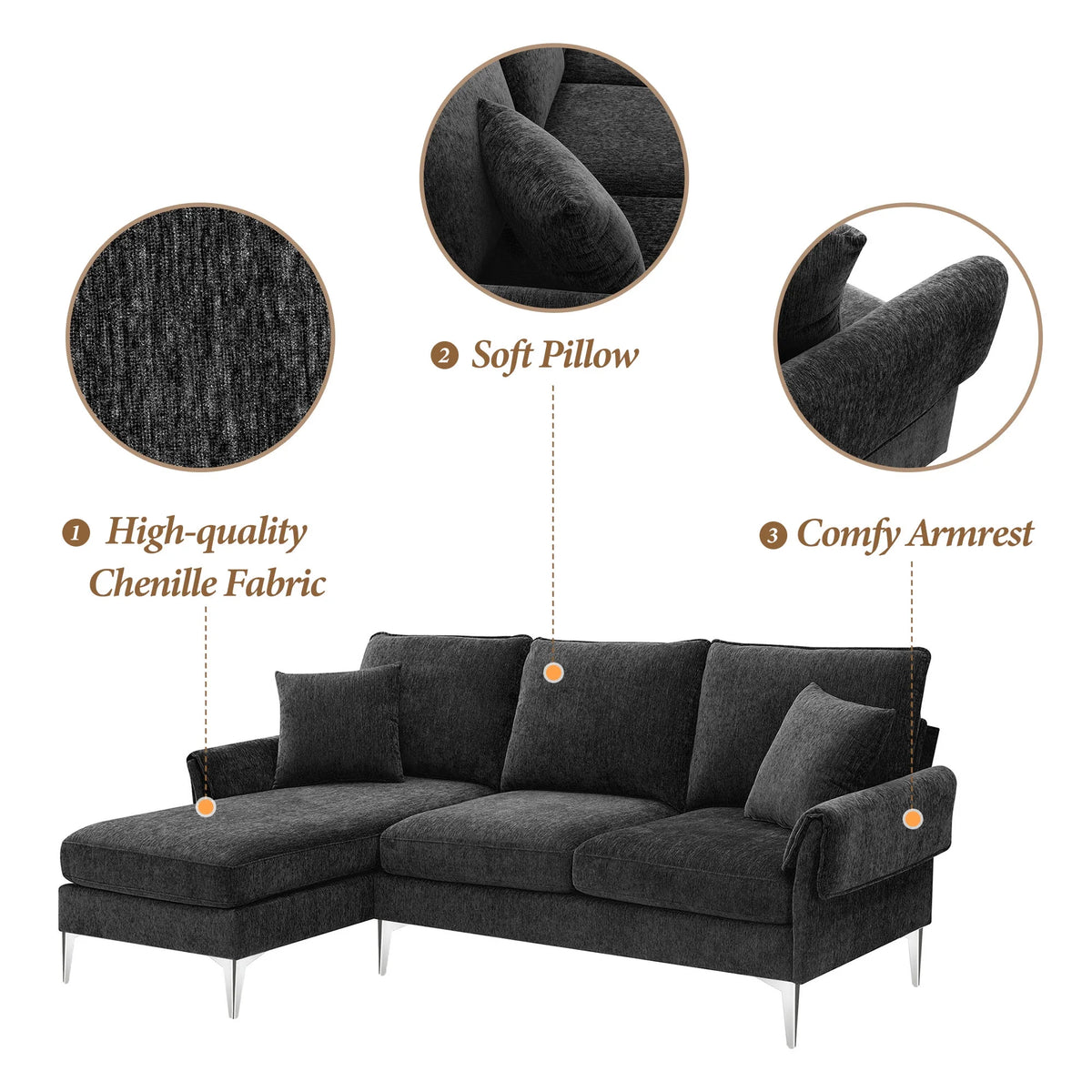 84" Chenille L-Shaped Convertible Sectional Sofa with Reversible Chaise Lounge J2247