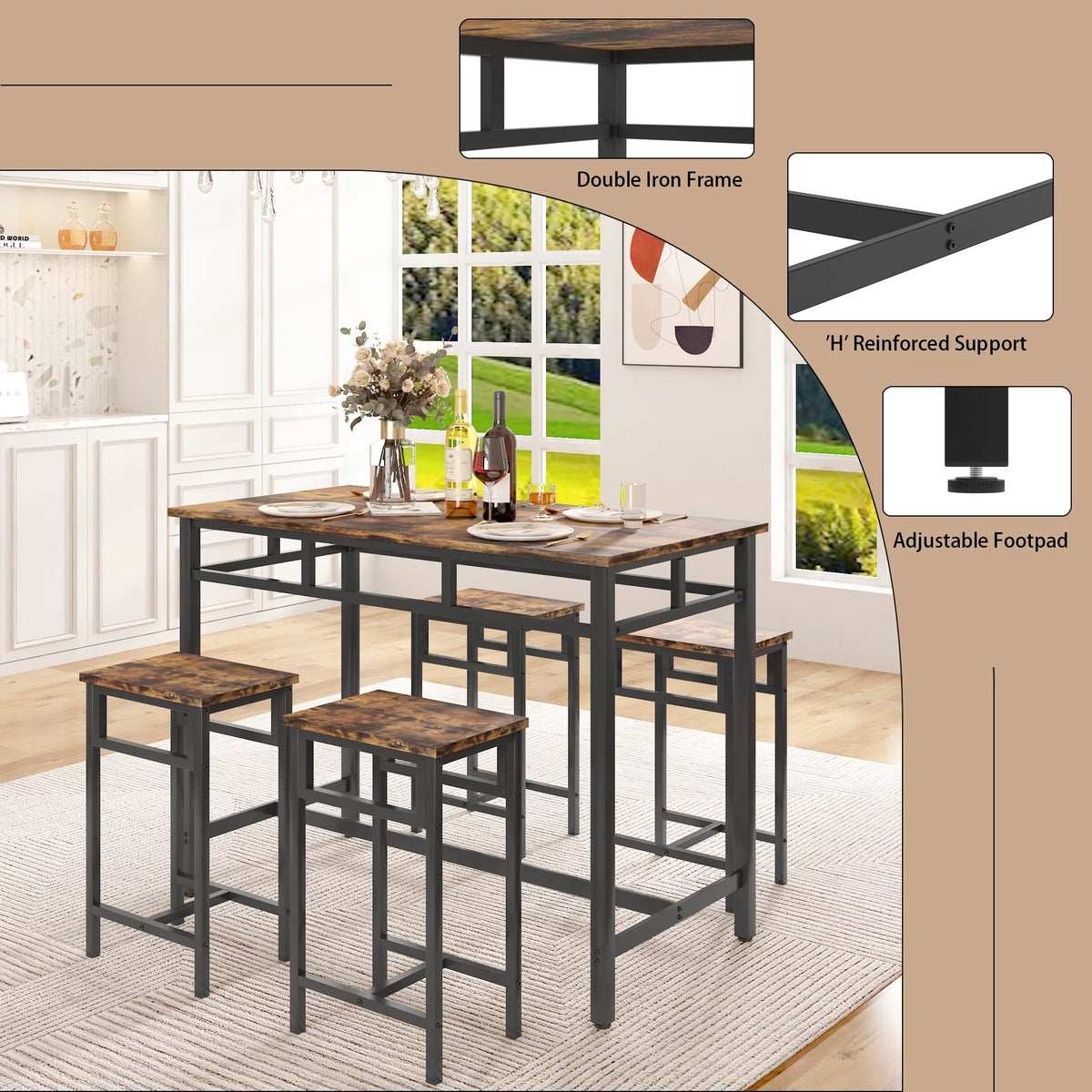 5 Piece Wooden Metal Dining Table and Stools Set J994