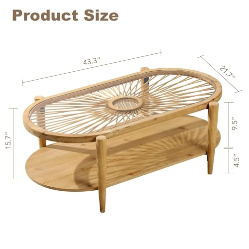 2-Tier Round Rattan Coffee Table with Tempered Glass Top and Wood Legs B3118