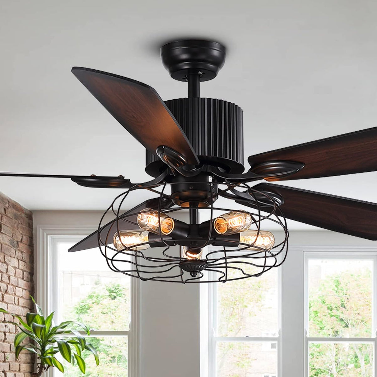 52" Vintage Industrial Ceiling Fan with Light Remote, 5 Reversible Blades Black Cage N219
