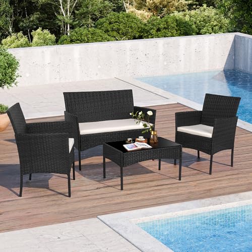 Black 4 Piece Wicker Patio Furniture Set with Tempered Glass Coffee Table J693