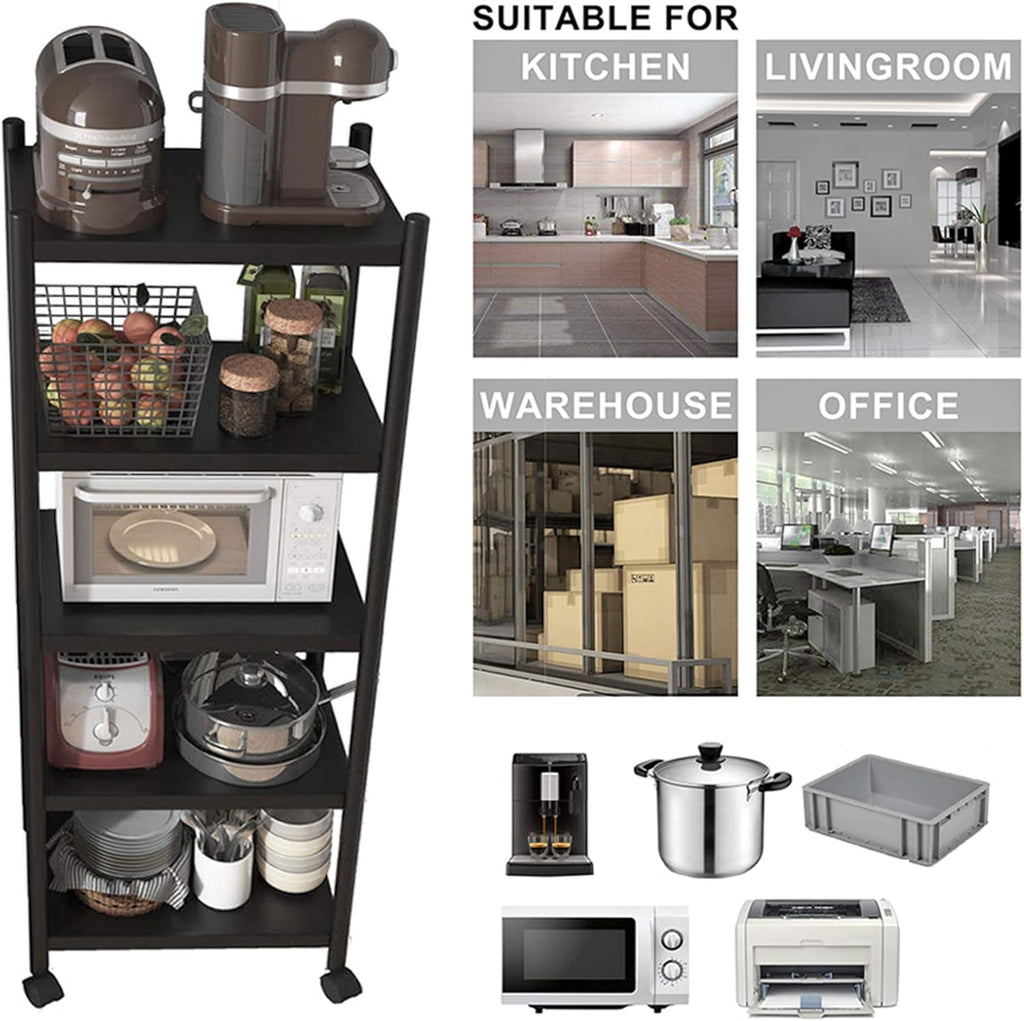 5-Tier Black Stainless Steel Utility Shelving Unit with Wheels F1250