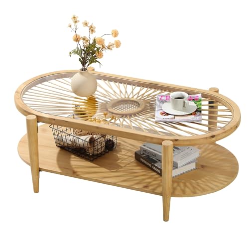 2-Tier Round Rattan Coffee Table with Tempered Glass Top and Wood Legs B3118