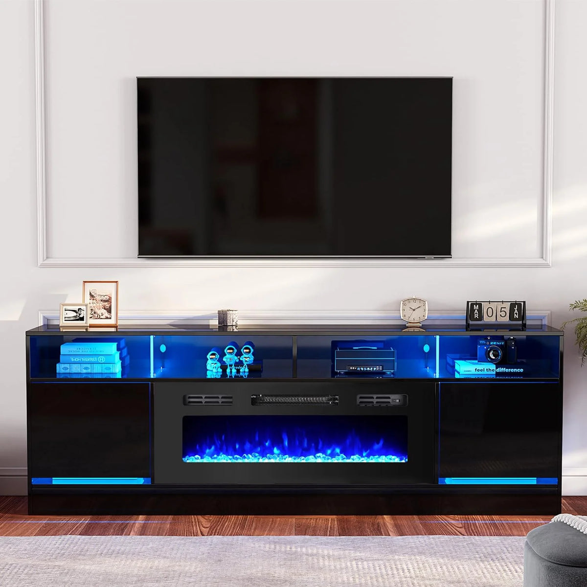 Black TV Stand with 36 Electric Fireplace and Glass Shelves U893