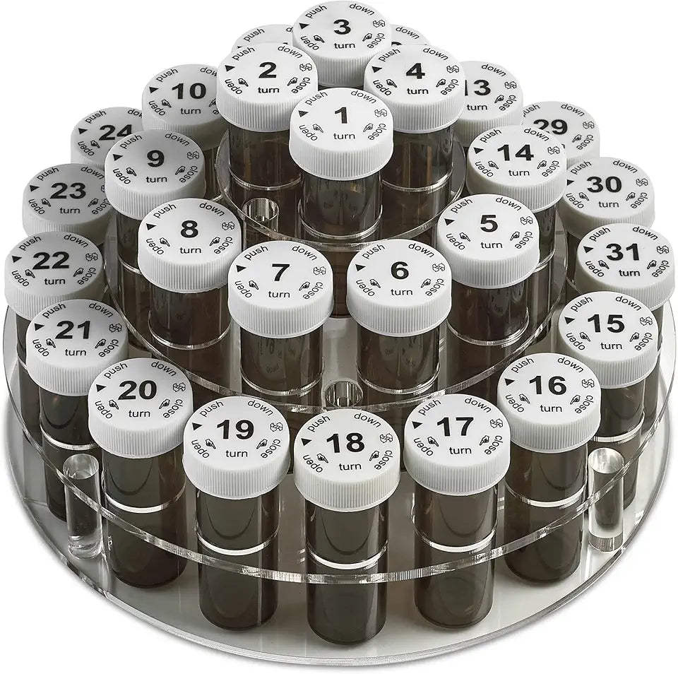 31 Numbered Full-Size Pill Bottle Organizer Caddy with Child-Proof Lids P530238