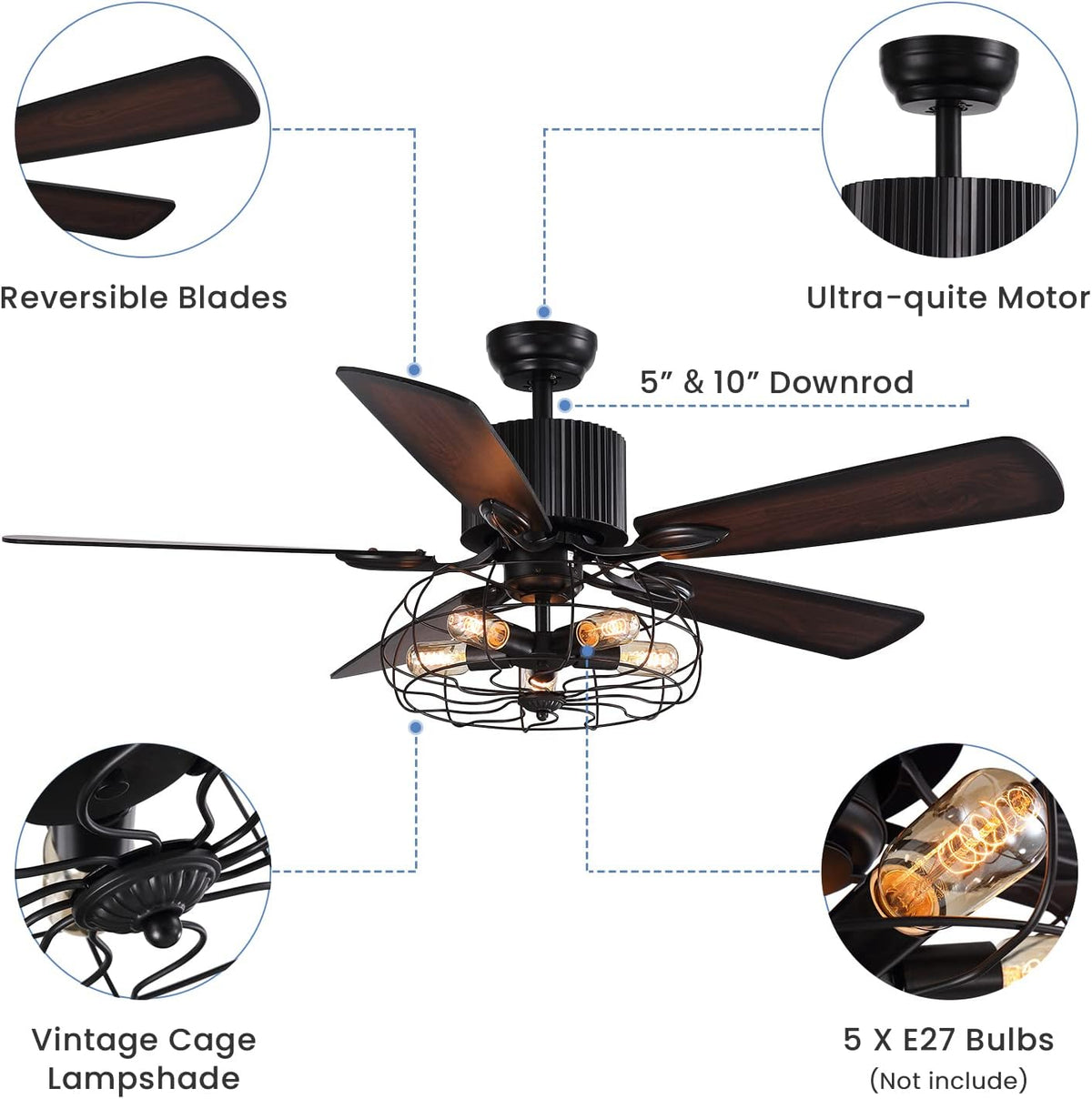 52" Vintage Industrial Ceiling Fan with Light Remote, 5 Reversible Blades Black Cage N219