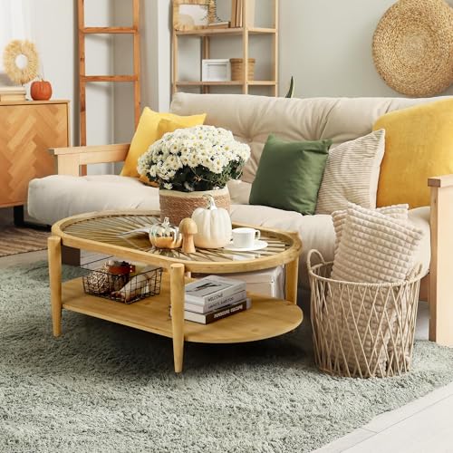 2-Tier Round Rattan Coffee Table with Tempered Glass Top and Wood Legs B3118