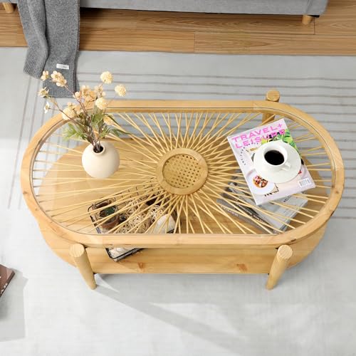 2-Tier Round Rattan Coffee Table with Tempered Glass Top and Wood Legs B3118