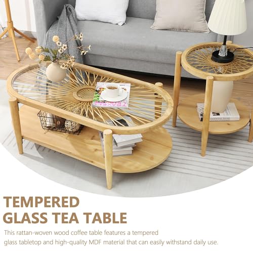 2-Tier Round Rattan Coffee Table with Tempered Glass Top and Wood Legs B3118