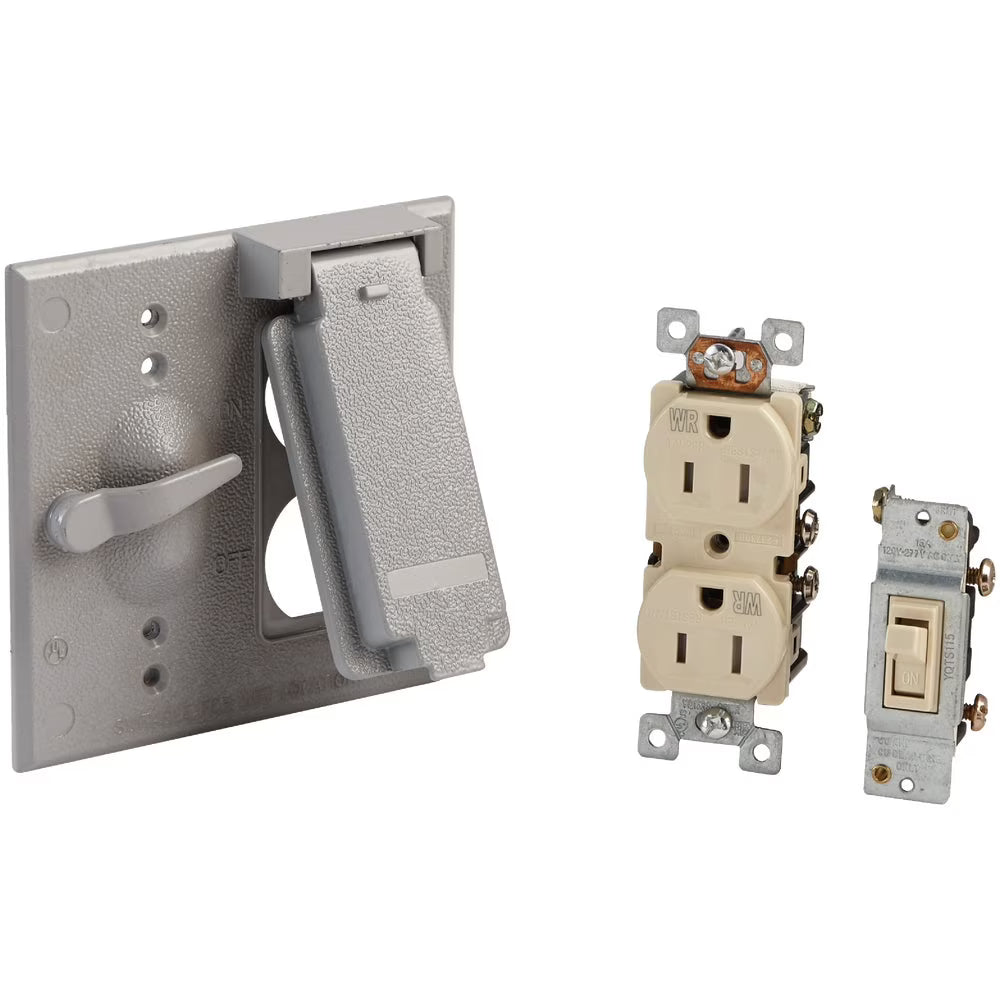 2-Gang Vertical Mount Die-Cast Metal Gray Outdoor Outlet Cover Y144