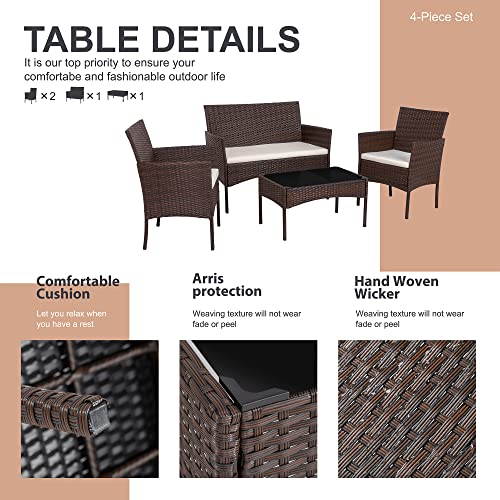 Black 4 Piece Wicker Patio Furniture Set with Tempered Glass Coffee Table J693