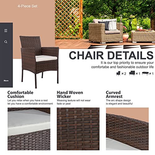 Black 4 Piece Wicker Patio Furniture Set with Tempered Glass Coffee Table J693