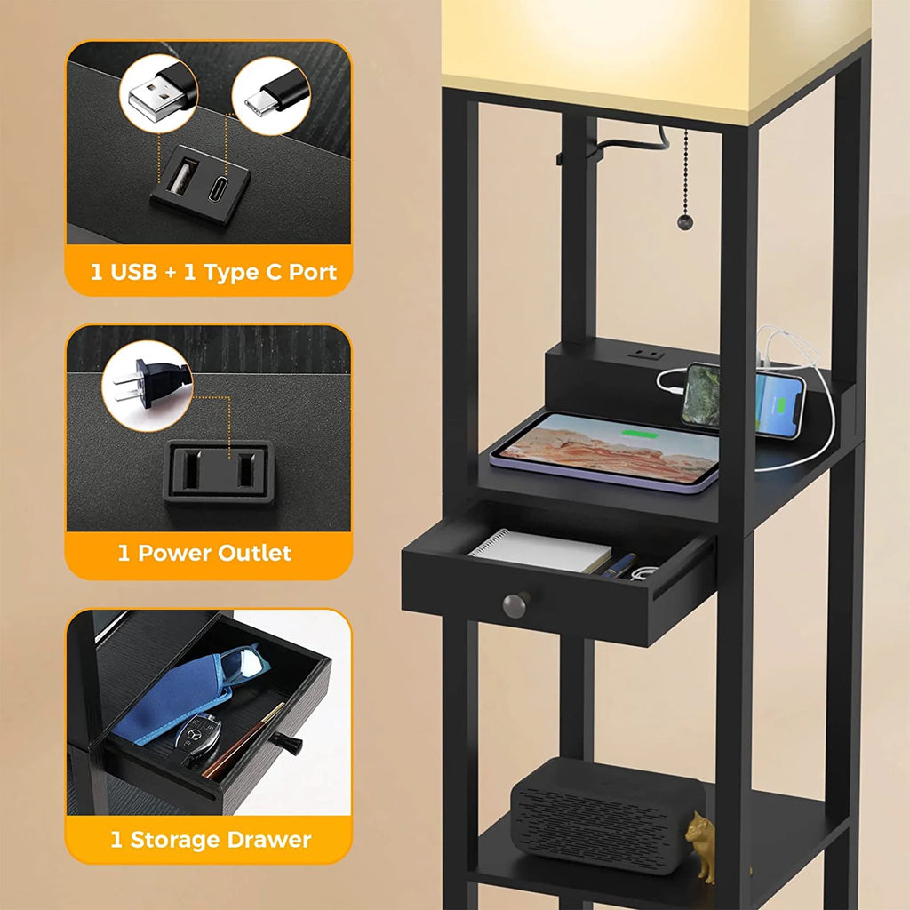 5-Tier Shelf Floor Lamp with Drawer and LED Bulb, Black G377630