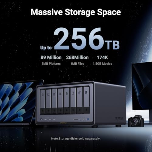 8-Bay Desktop NAS, Intel i5 1235u 10-Core CPU, 8GB DDR5 RAM, 128G SSD, 2 * 10GbE, 2 * M.2 NVMe Slots, 8K HDMI, 2 * TBT4, Diskless O597579