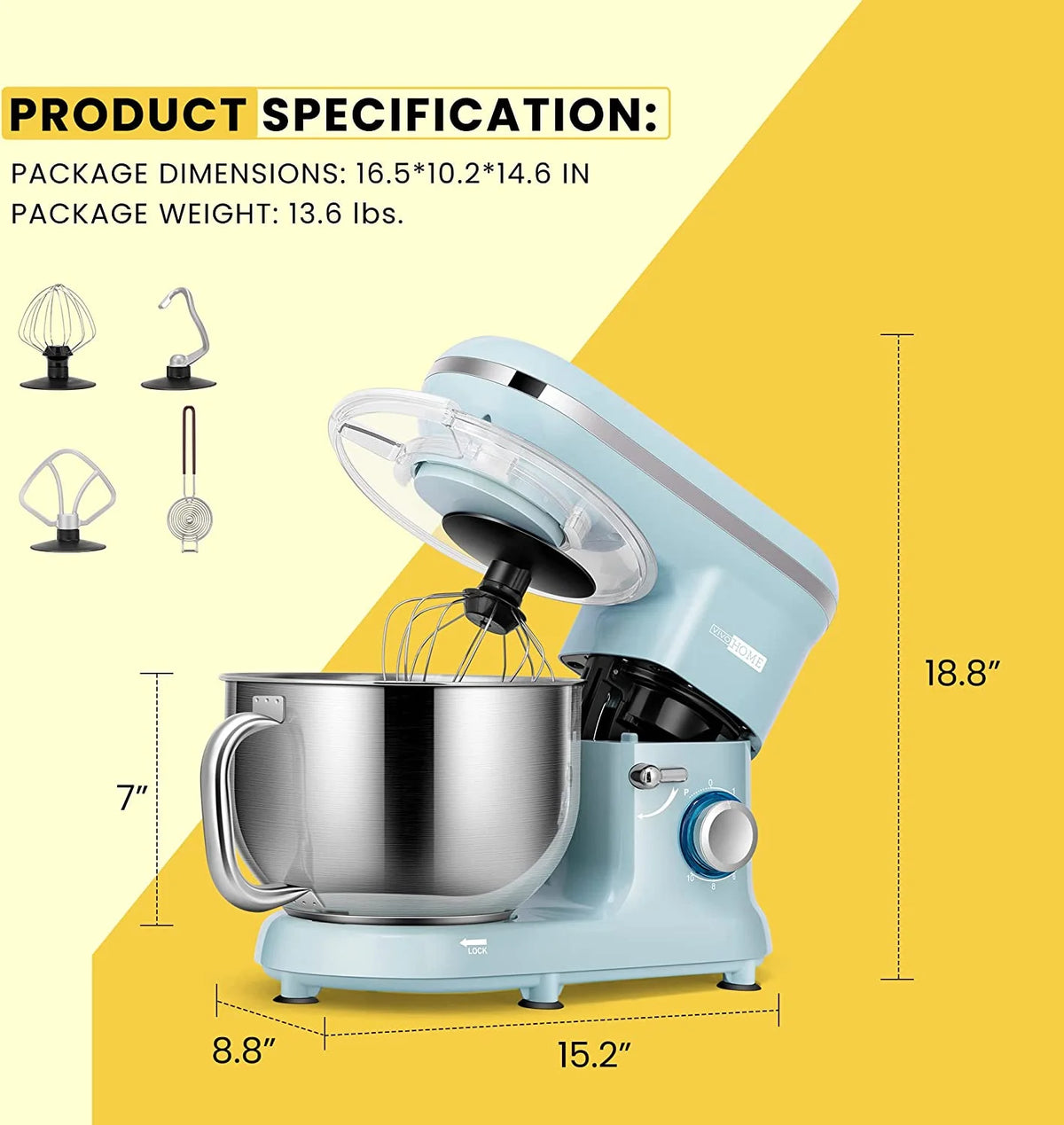 660W 10 Speed 6 Quart Tilt-Head Electric Stand Mixer with Beater, Dough Hook, Wire Whip and Egg Separator, Blue K798990