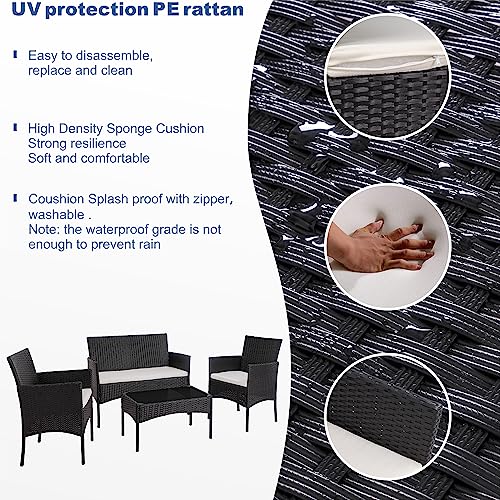 Black 4 Piece Wicker Patio Furniture Set with Tempered Glass Coffee Table J693