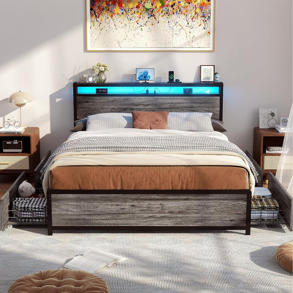 Black Oak Queen Size Bed Frame with 4 Storage Drawers Y82499