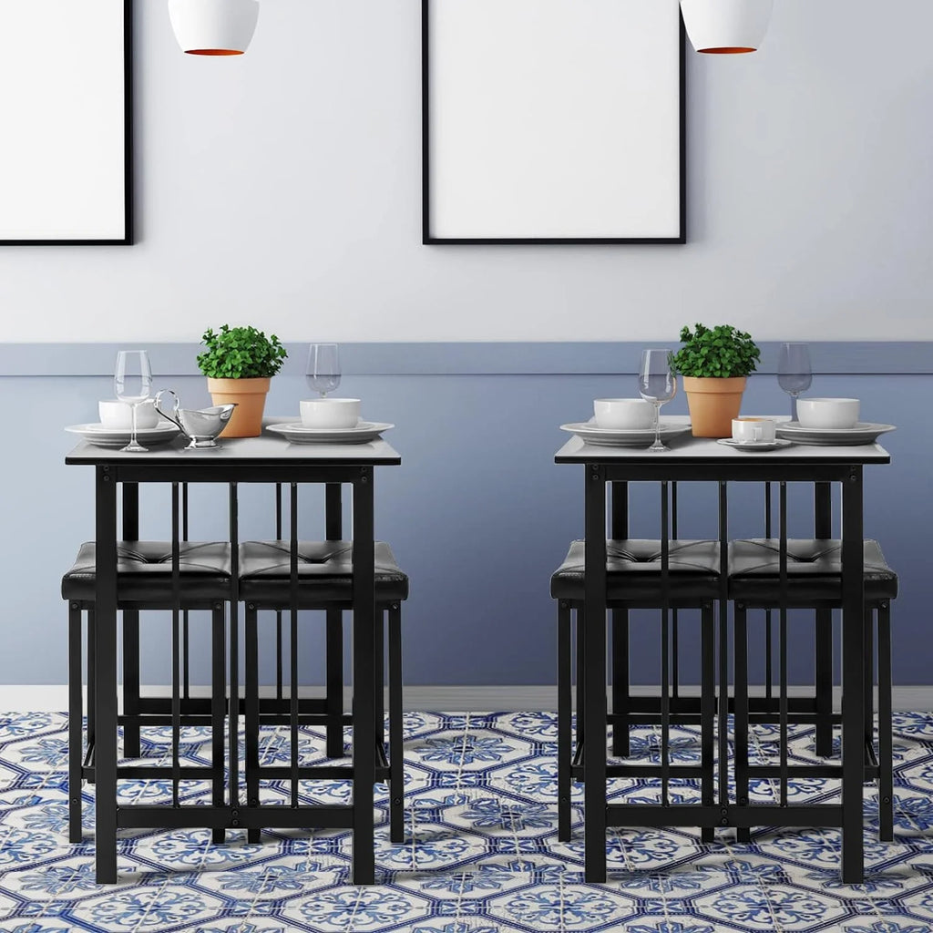 Black 3 Piece Dining Table Set with 2 Faux Leather Backless Stools A671