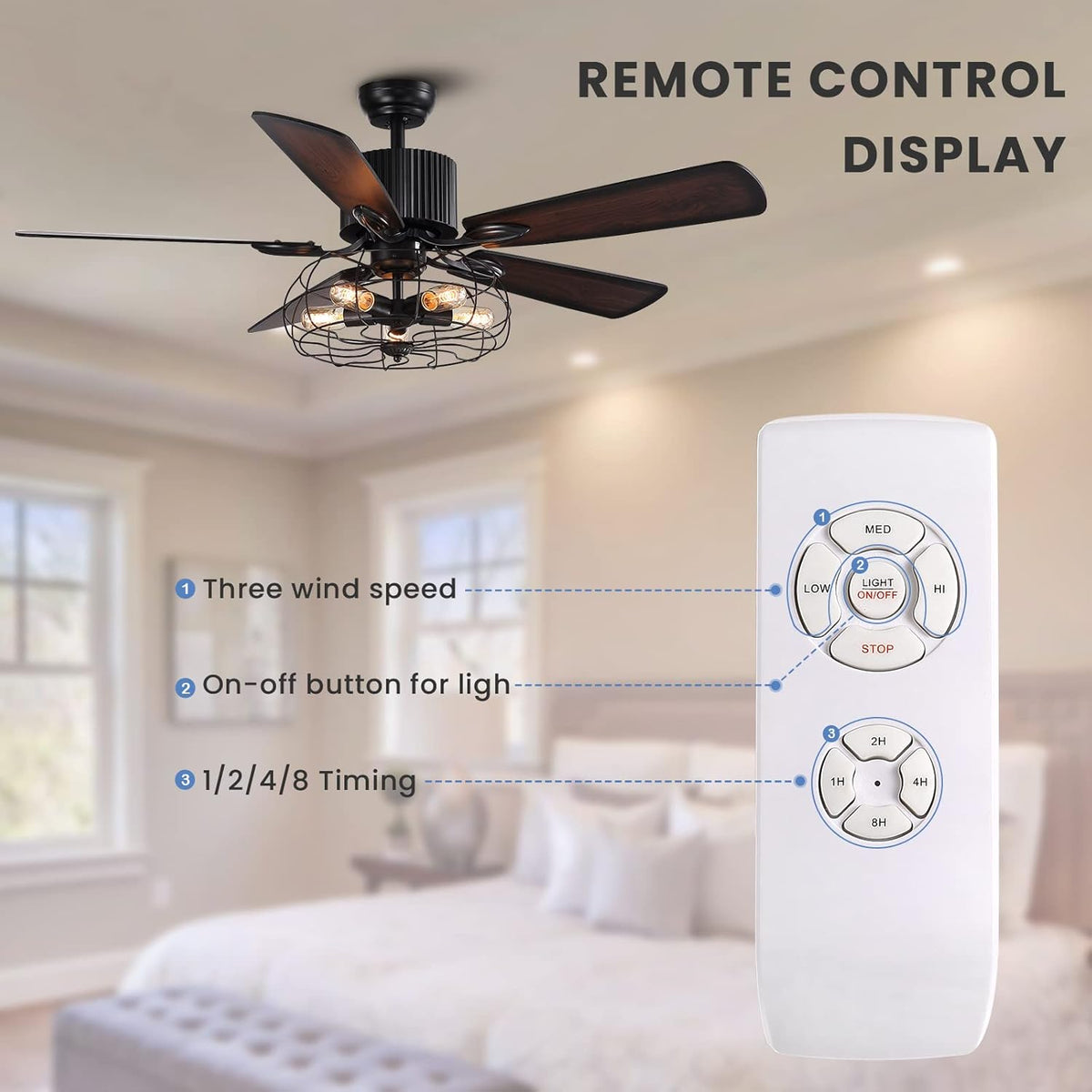 52" Vintage Industrial Ceiling Fan with Light Remote, 5 Reversible Blades Black Cage N219