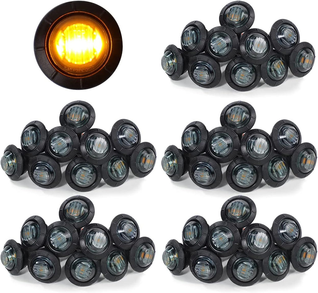 3/4 Inch Amber 3 LED Round Side Marker Indicator Lights with Black Rubbers 12V DC O590