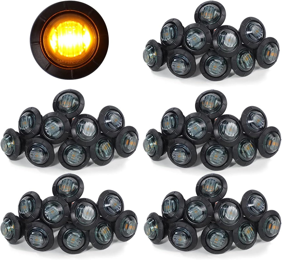 3/4 Inch Amber 3 LED Round Side Marker Indicator Lights with Black Rubbers 12V DC O590