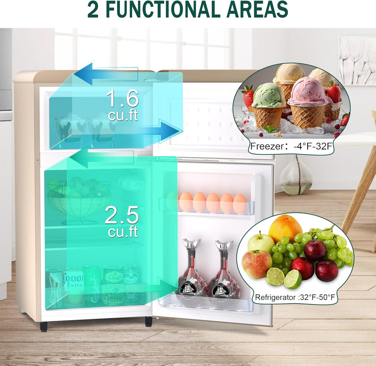 4.1 Cu. Ft. 2-Door Retro Mini Fridge with Freezer (Gold) Y46526