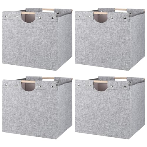 4 Pack Beige Fabric Storage Cubes with Wooden Handles I36408