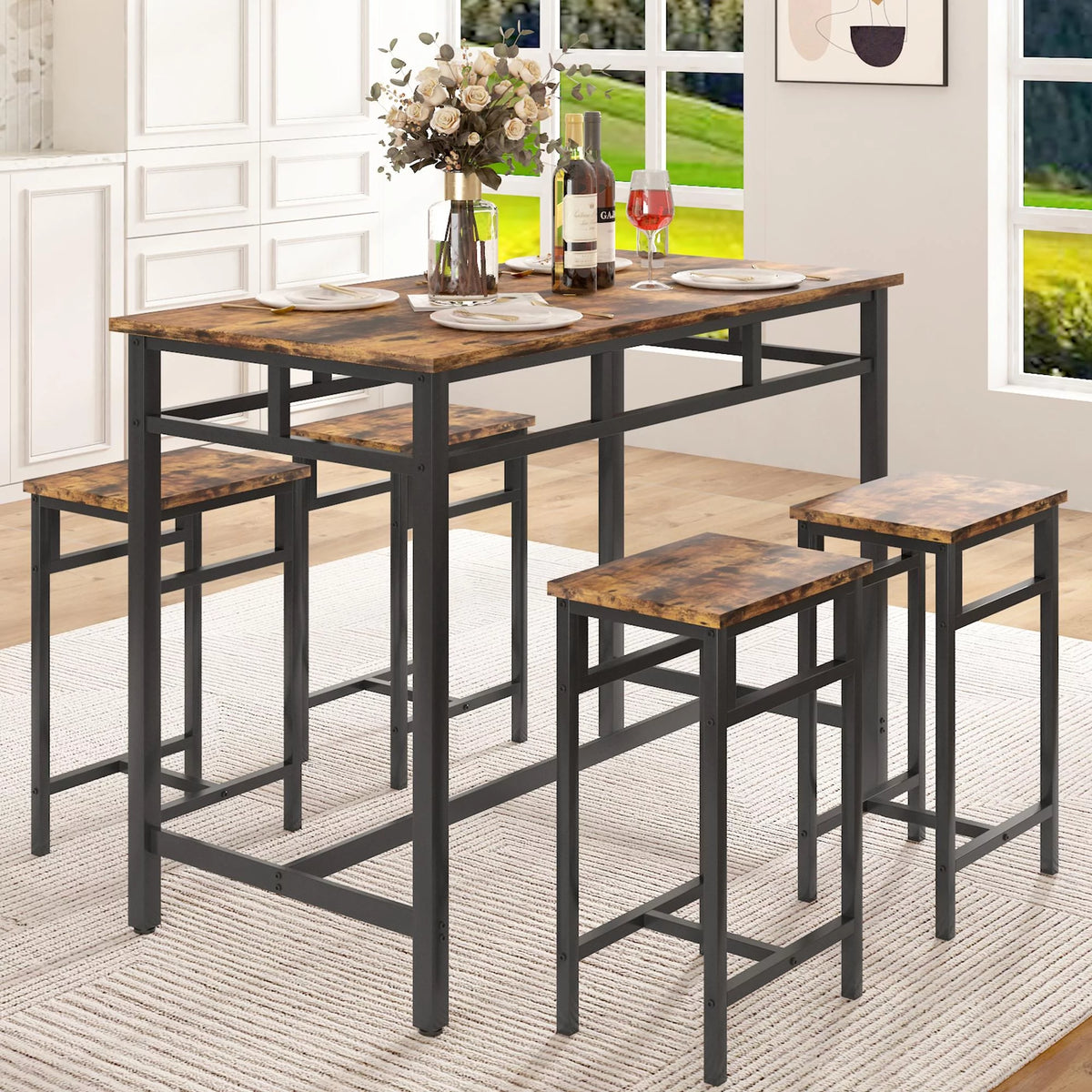 5 Piece Wooden Metal Dining Table and Stools Set J994