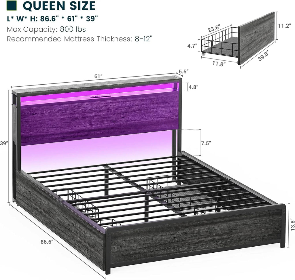 Black Oak Queen Size Bed Frame with 4 Storage Drawers Y82499
