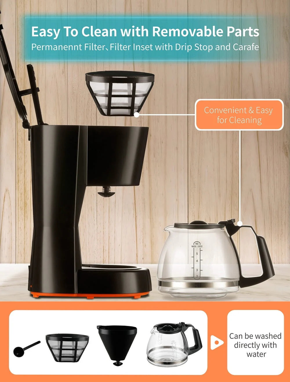 5 Cups Compact Coffee Maker with Filter and Coffee Pot D533