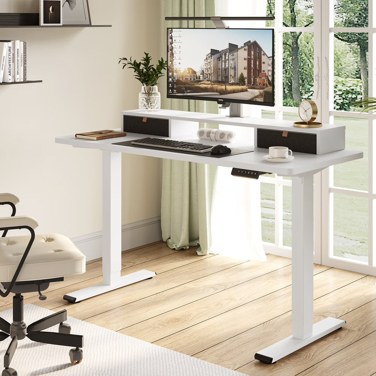 55"x24" Height Adjustable Standing Desk with 2 Drawers White Frame and White Top A9398