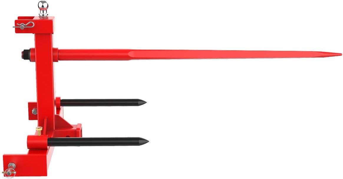 49” Hay Bale Spear 3 Point Trailer Hitch with 2" Receivers for Category 1 Tractors with 2 x 17” Stabilizer Spears 3000lbs Capacity & 1-7/8'' Trailer Ball Gooseneck Drawbar E3905