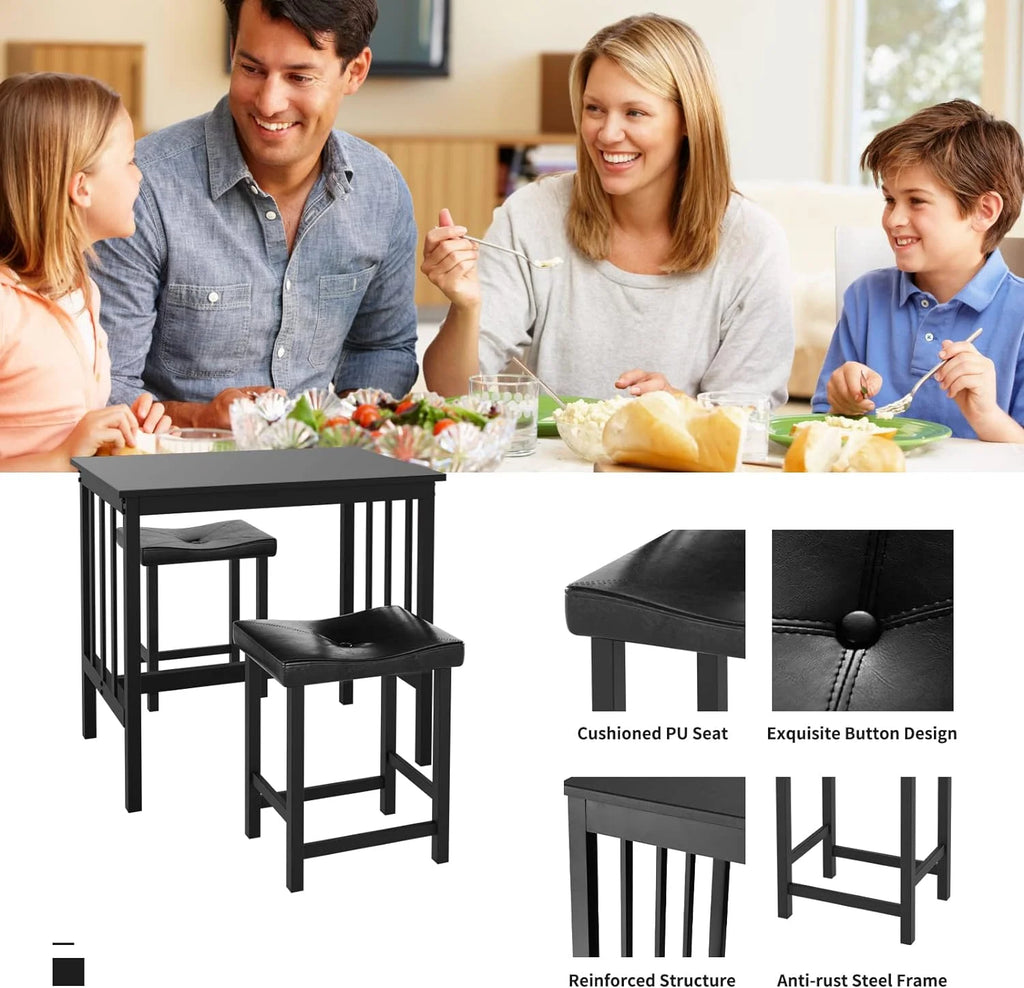 Black 3 Piece Dining Table Set with 2 Faux Leather Backless Stools A671