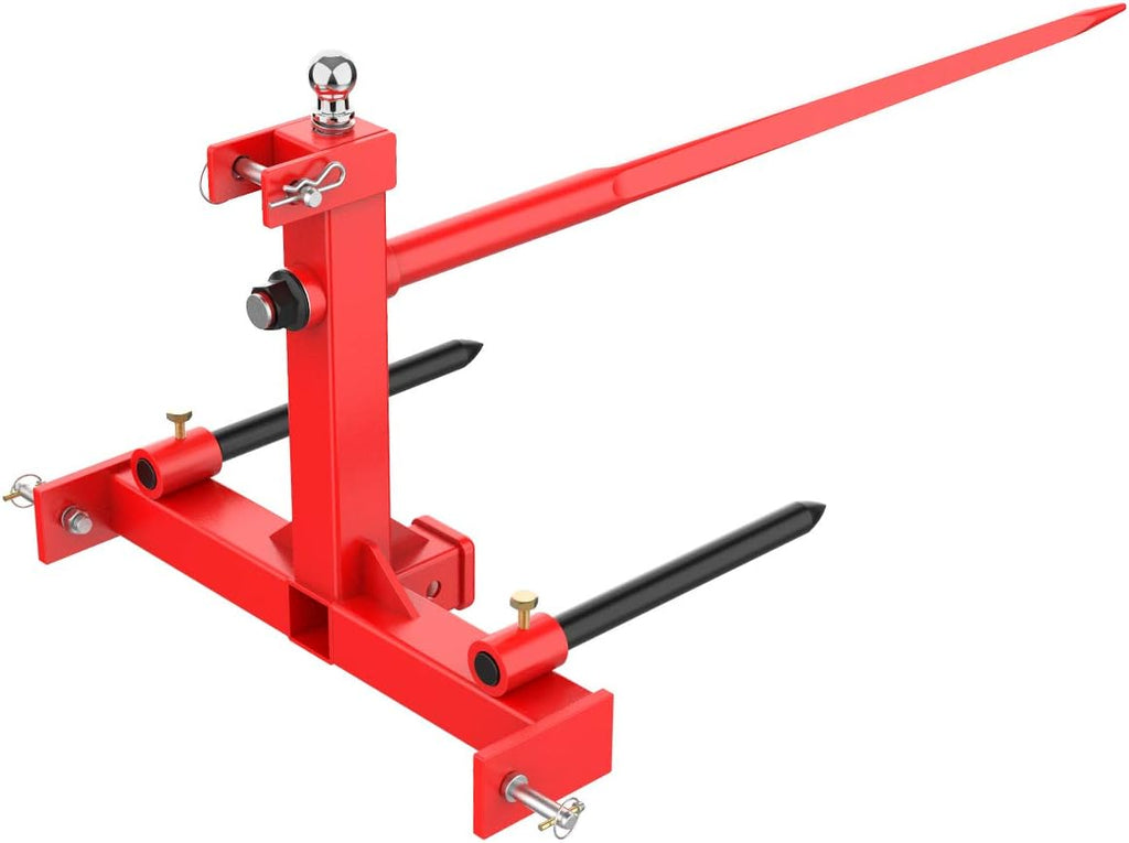 49” Hay Bale Spear 3 Point Trailer Hitch with 2" Receivers for Category 1 Tractors with 2 x 17” Stabilizer Spears 3000lbs Capacity & 1-7/8'' Trailer Ball Gooseneck Drawbar E3905