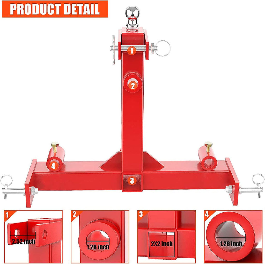 49” Hay Bale Spear 3 Point Trailer Hitch with 2" Receivers for Category 1 Tractors with 2 x 17” Stabilizer Spears 3000lbs Capacity & 1-7/8'' Trailer Ball Gooseneck Drawbar E3905