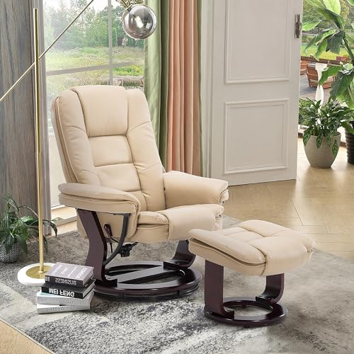 Beige Leather Swivel Recliner Chair with Ottoman E462