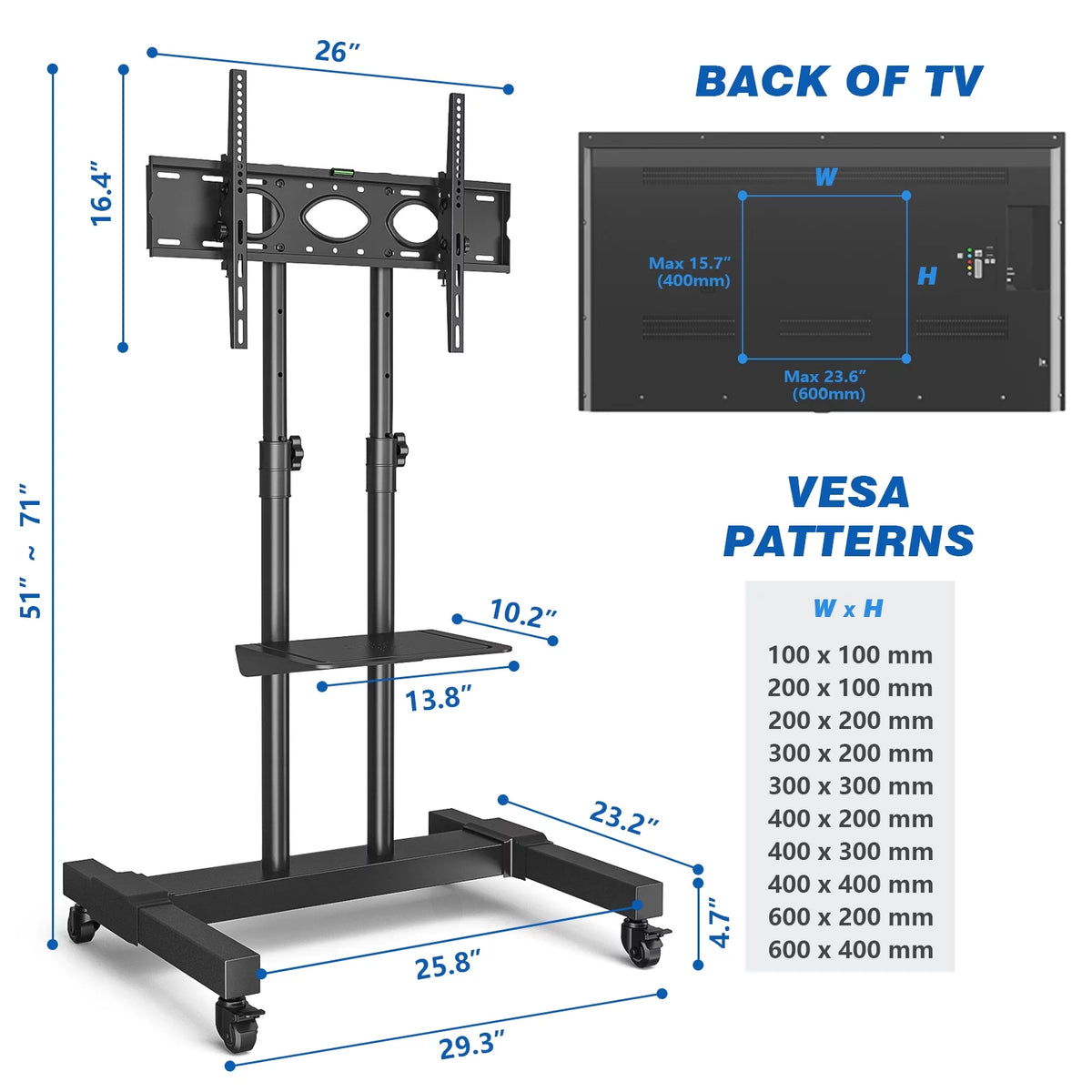 Black Heavy Duty Rolling TV Cart for TVs up to 75 inch N58504