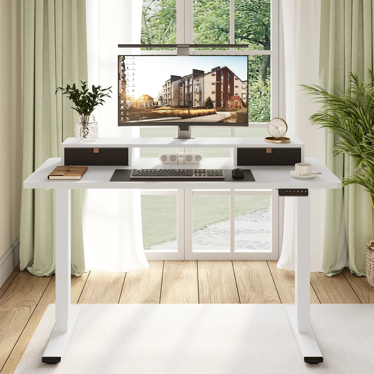 55"x24" Height Adjustable Standing Desk with 2 Drawers White Frame and White Top A9398