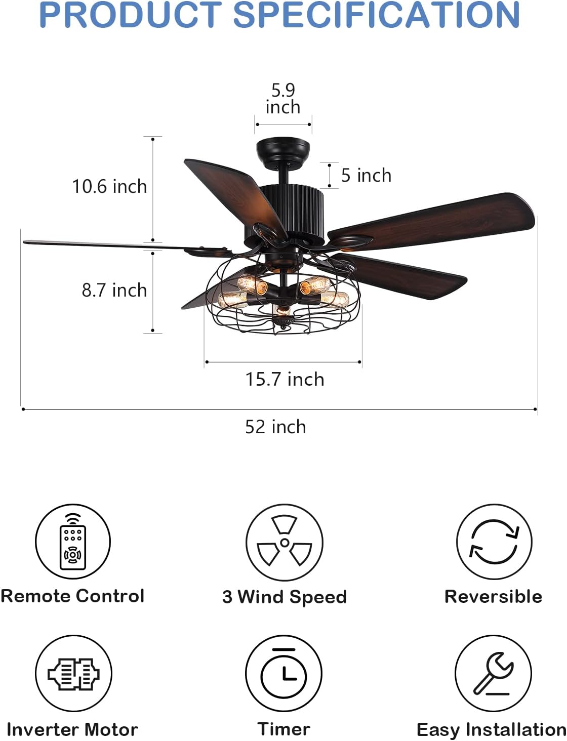 52" Vintage Industrial Ceiling Fan with Light Remote, 5 Reversible Blades Black Cage N219