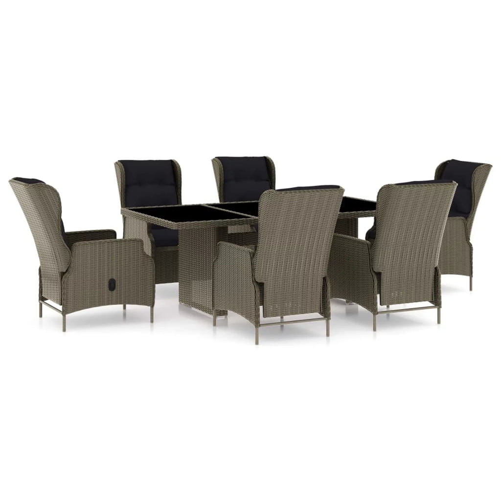 7 Piece Patio Dining Set Glass Tabletop Table and 6 Chairs with Cushion Brown Poly Rattan A6411
