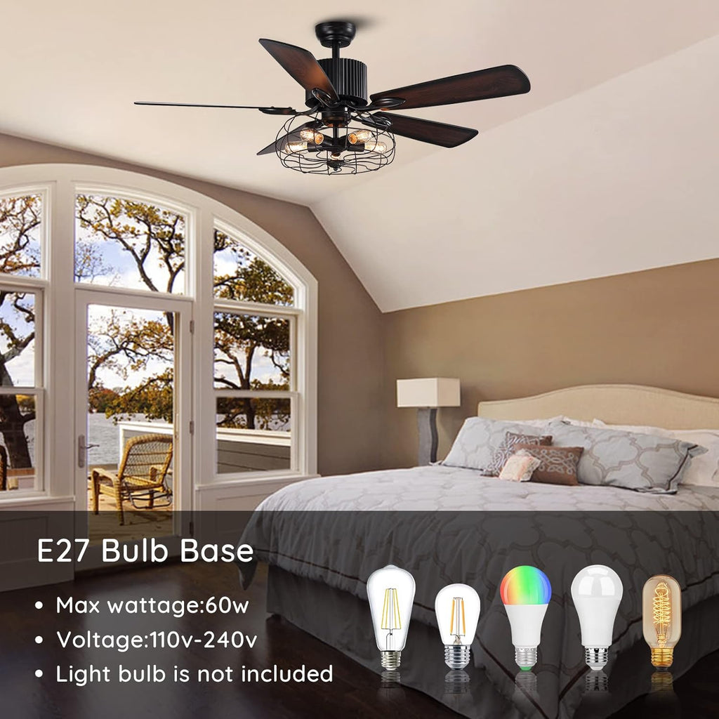52" Vintage Industrial Ceiling Fan with Light Remote, 5 Reversible Blades Black Cage N219