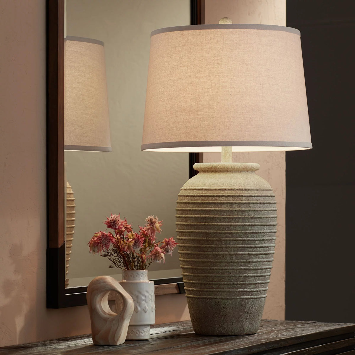28" Tall Table Lamp with Cream Linen Drum Shade X927