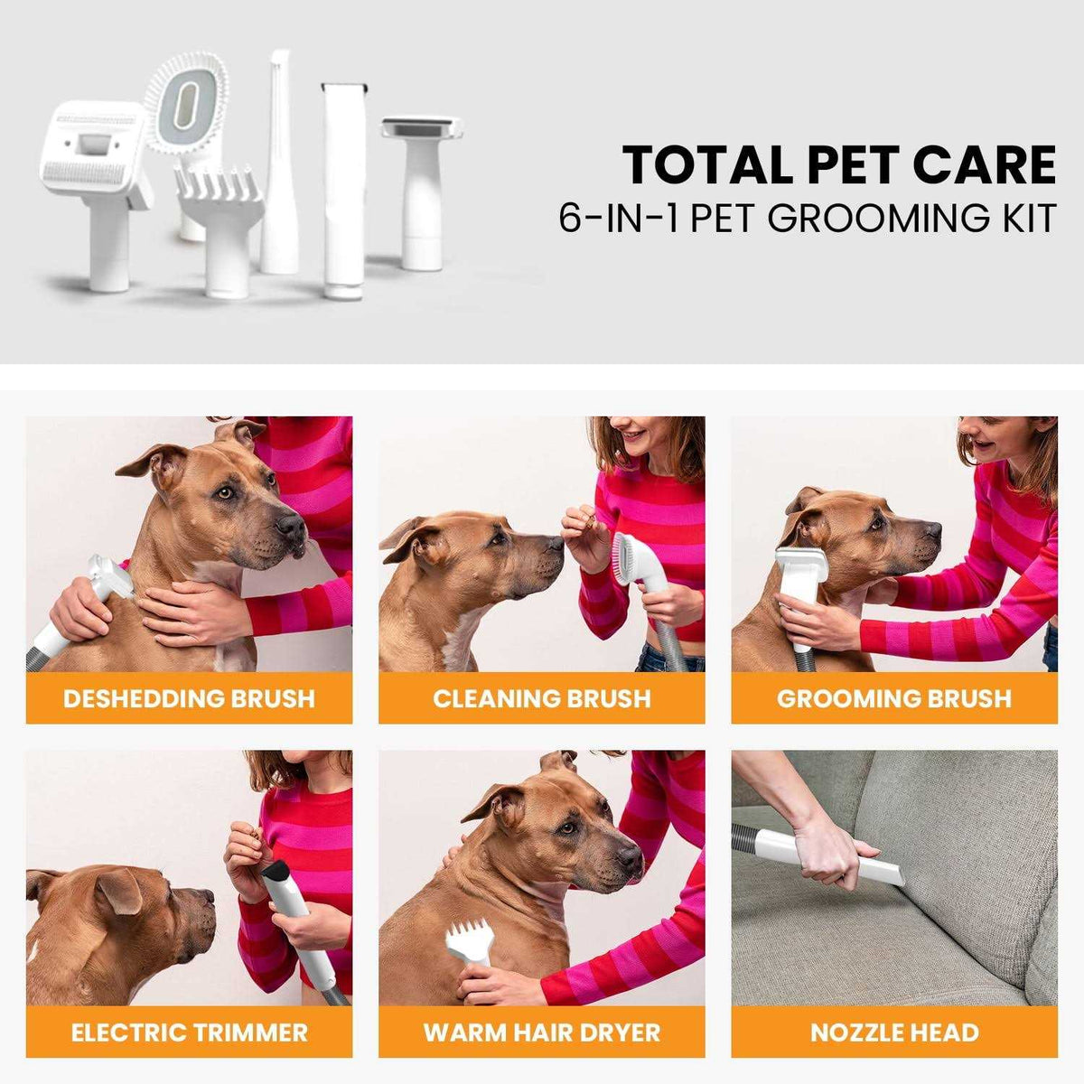 3-in-1 Pet Grooming Kit Vacuum Suction Dryer Clipper 6 Tools 4L Dust W363618