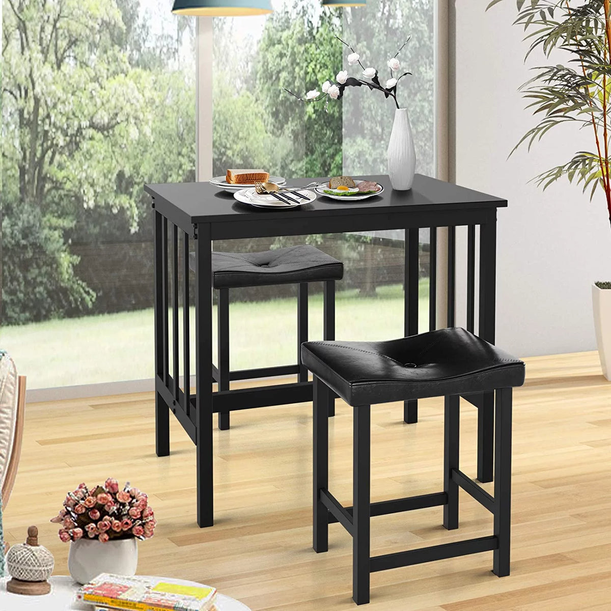 Black 3 Piece Dining Table Set with 2 Faux Leather Backless Stools A671