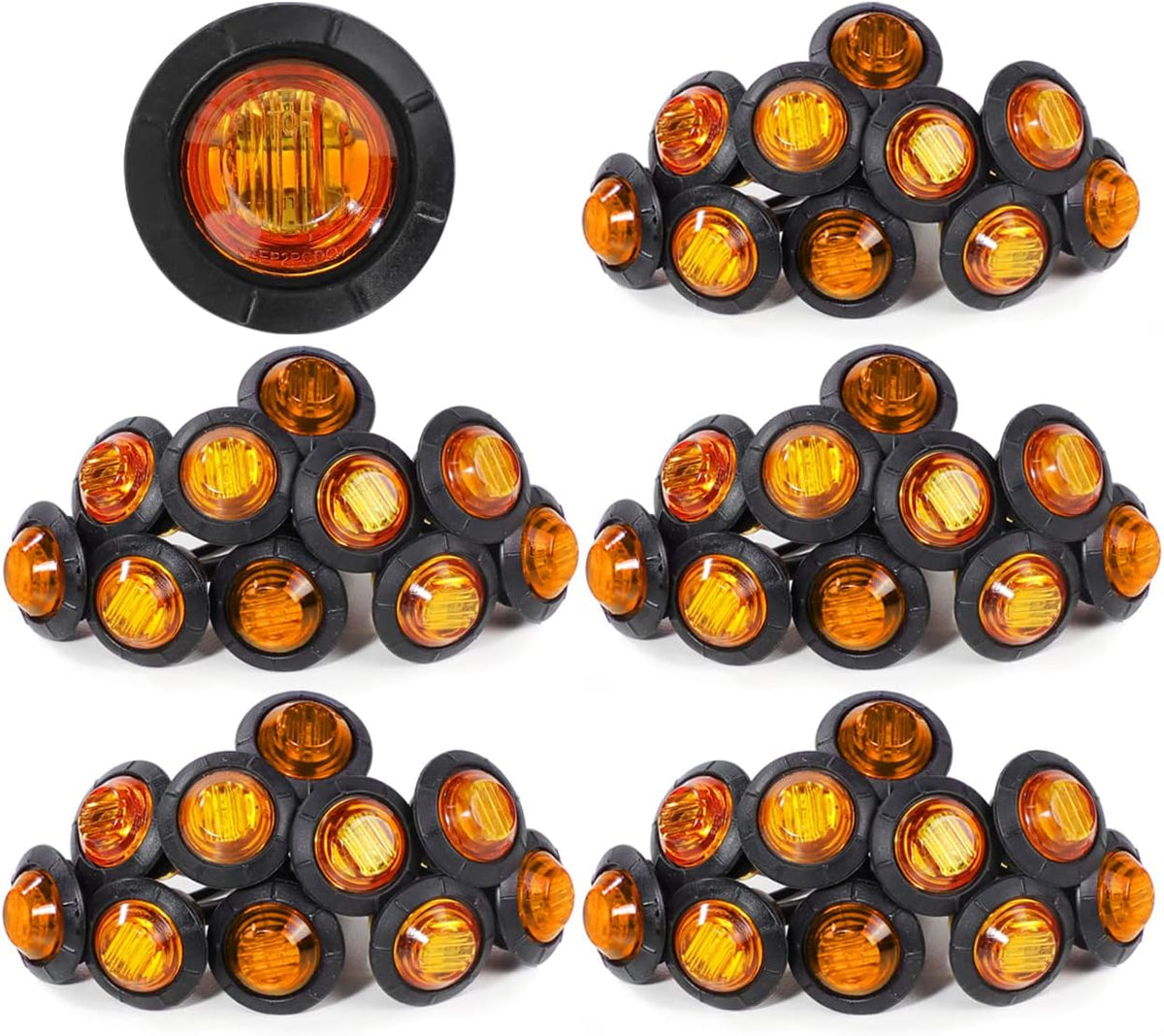 3/4 Inch Amber 3 LED Round Side Marker Indicator Lights with Black Rubbers 12V DC O590