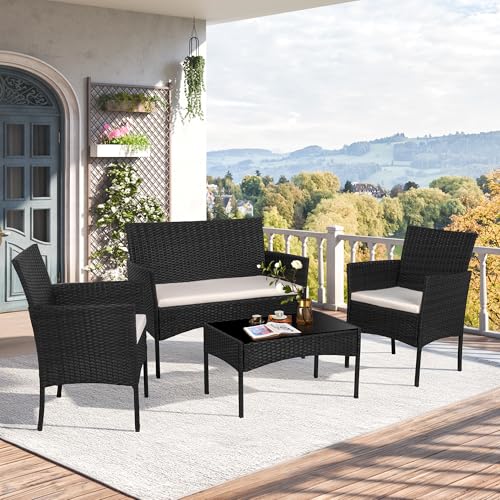 Black 4 Piece Wicker Patio Furniture Set with Tempered Glass Coffee Table J693