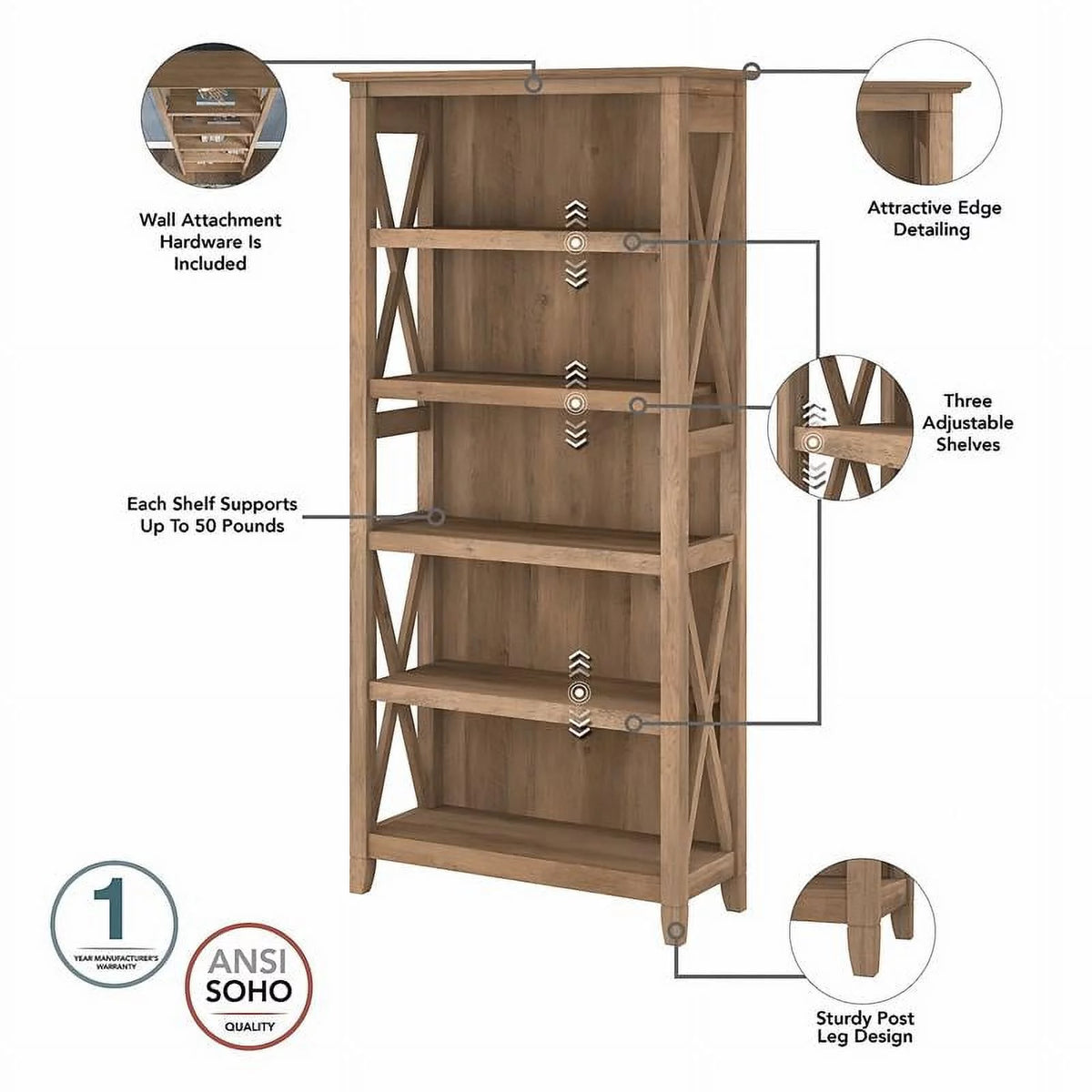 5-Shelf Reclaimed Pine Wood Bookcase J29589