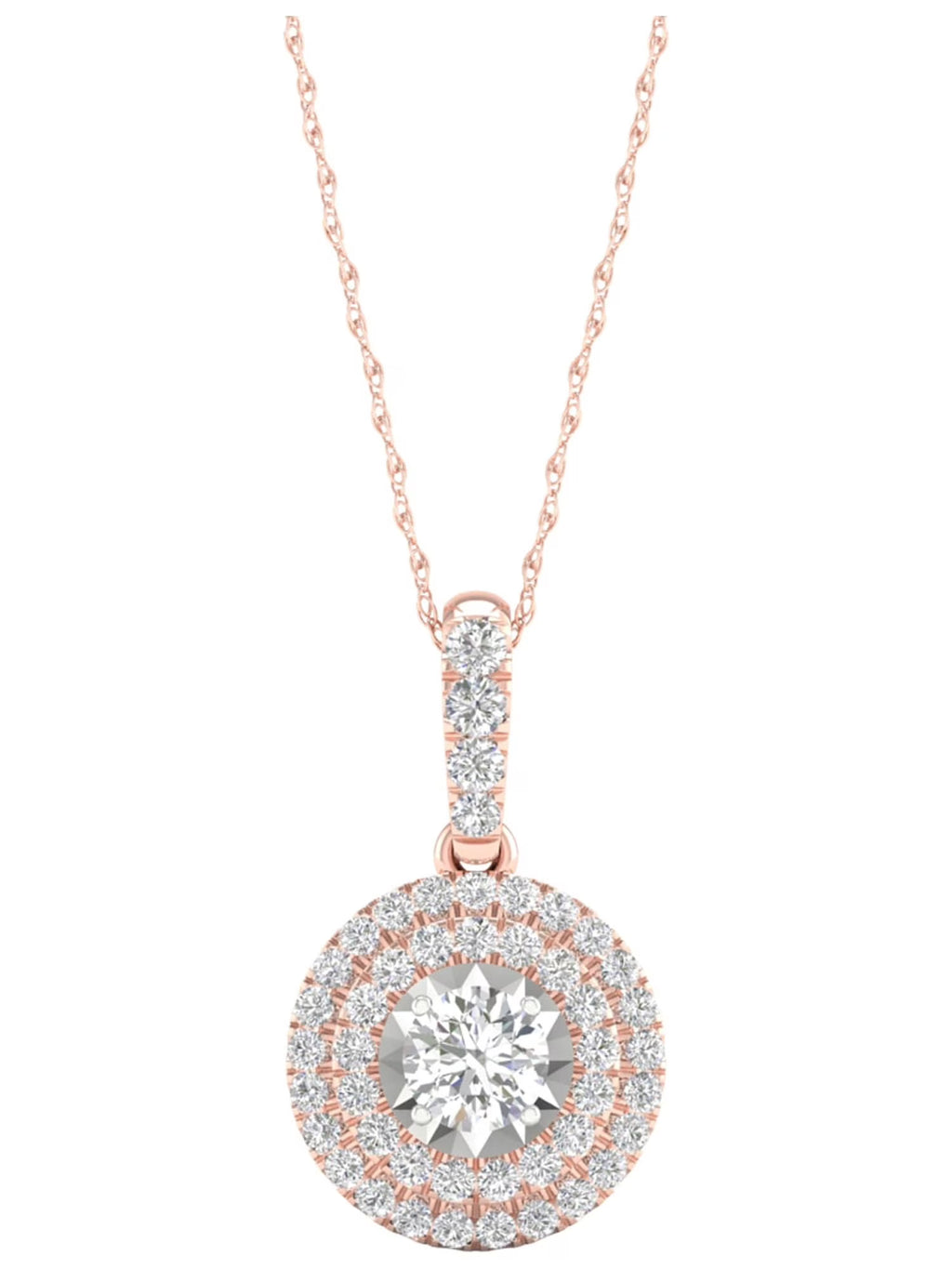 10K Rose Gold Diamond Cluster Halo Pendant Necklace W127