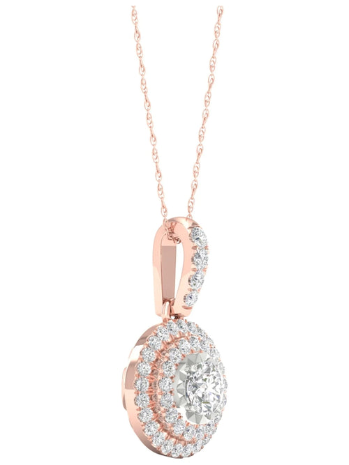 10K Rose Gold Diamond Cluster Halo Pendant Necklace W127
