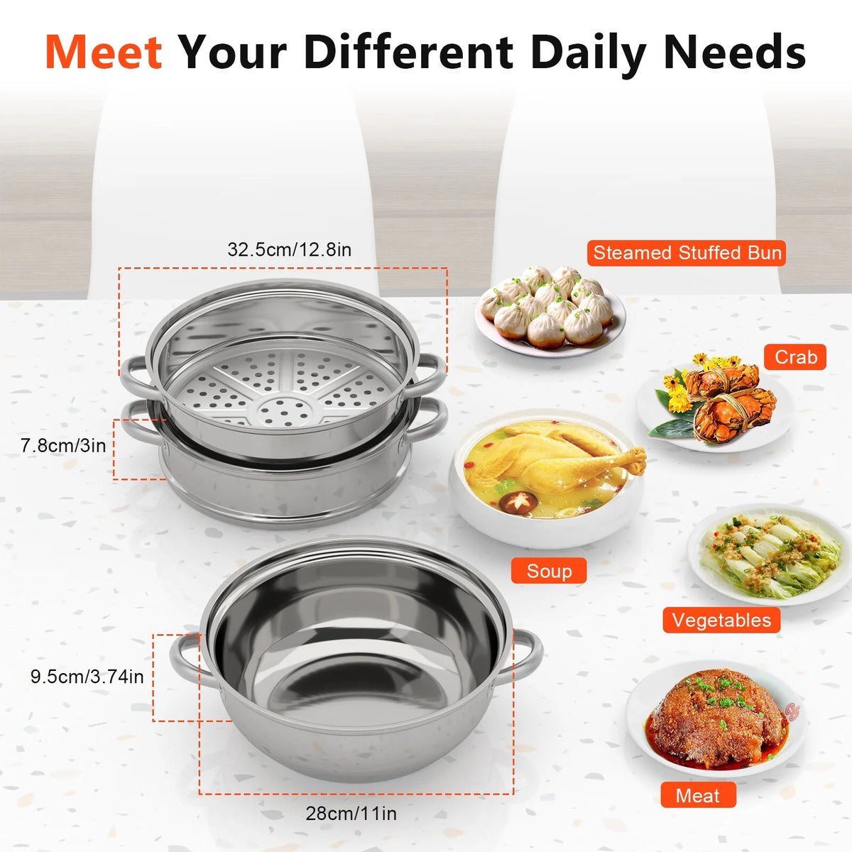 3 Tiers Stainless Steel Steaming Pot with Glass Lid I272503